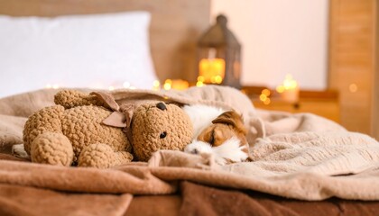 Dog sleeping on a bed with teddy bears