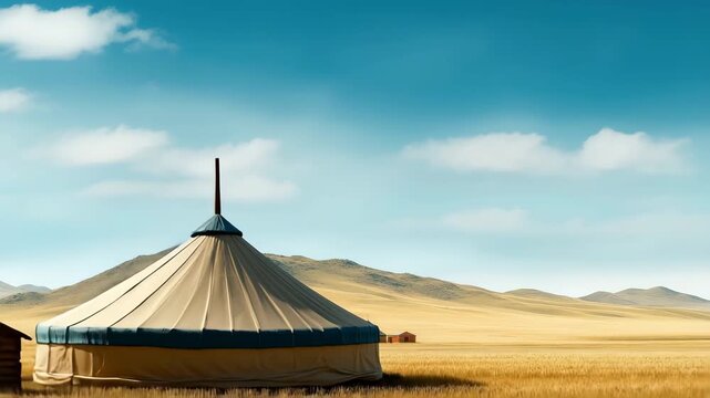 4K Cinematic Aerial Video of Mongolia&rsquo;s Golden Steppes with Traditional Ger and Wooden Hut &ndash; Panoramic Drone Orbit for World Heritage Day, Nomadic Culture, and Premium Nature Stock Footage