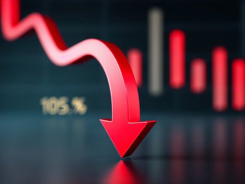 3d render of a red arrow pointing diagonally downwards symbolizing financial loss, fail,  negative trend or decline. The background consist of a blurred glowing red financial bar chart.