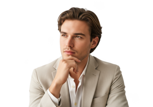 Pensive businessman portrait with hand on chin, thinking, wearing a suit, professional headshot, model isolated on transparent background