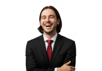 Smiling businessman in suit with red tie laughing portrait photo, happy executive isolated stock image, professional man isolated on transparent background