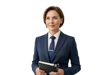 Professional businesswoman in blue suit holding notebook stock photo portrait with confident expression isolated on transparent background