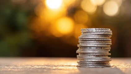 Stack of coins on a blurred background, a financial concept. A stack of silver coins with sunset light and bokeh
