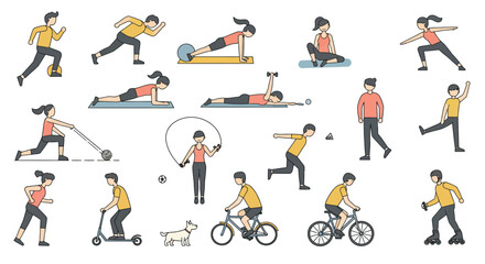 Collection of diverse fitness activities and exercises isolated on white background, showcasing a healthy and active lifestyle with various sports and workouts