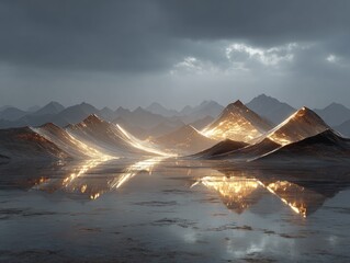 and keyword list based on the image you provided

 Golden peaks reflecting in still water under a cloudy sky; remote mountain range.