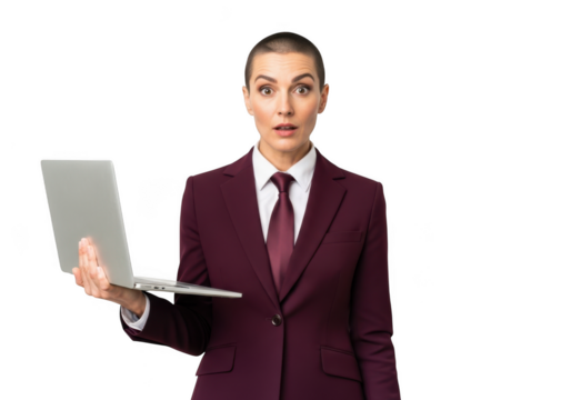Surprised businesswoman with laptop in burgundy suit - shocked female executive holding computer - professional woman looking at screen - isolated on transparent background