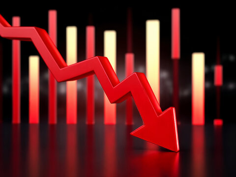 3d render of a red arrow pointing diagonally downwards symbolizing financial loss, fail,  negative trend or decline. The background consist of a blurred glowing red financial bar chart.