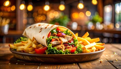 Delicious wrap with fries on a wooden plate