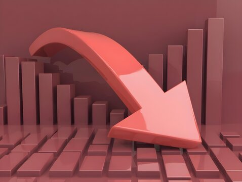 3d render of a red arrow pointing diagonally downwards symbolizing financial loss, fail,  negative trend or decline. The background consist of a blurred glowing red financial bar chart.