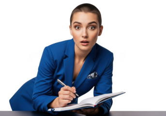 Surprised businesswoman writing in notebook with pen, wearing blue blazer, woman taking notes, isolated on transparent background