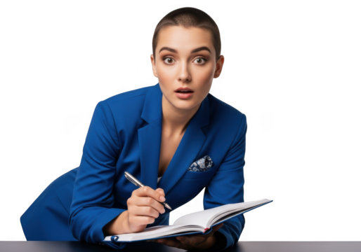 Surprised businesswoman writing in notebook with pen, wearing blue blazer, woman taking notes, isolated on transparent background