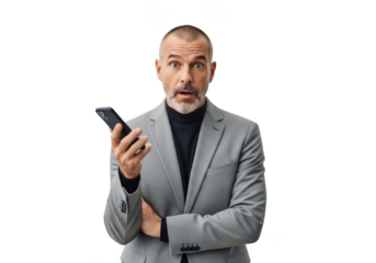 Shocked businessman holding smartphone looking surprised and astonished in gray suit and turtleneck, mobile technology user, isolated on transparent background