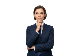 Pensive businesswoman contemplating strategy, thoughtful female executive in suit thinking, corporate decision making, isolated on transparent background