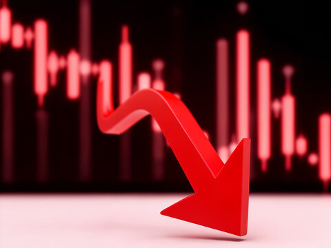 3d render of a red arrow pointing diagonally downwards symbolizing financial loss, fail,  negative trend or decline. The background consist of a blurred glowing red financial bar chart.