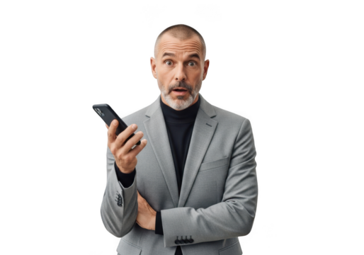 Shocked businessman holding smartphone looking surprised and astonished in gray suit and turtleneck, mobile technology user, isolated on transparent background