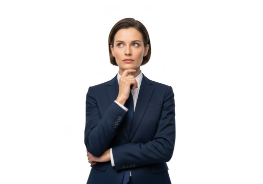 Pensive businesswoman contemplating strategy, thoughtful female executive in suit thinking, corporate decision making, isolated on transparent background