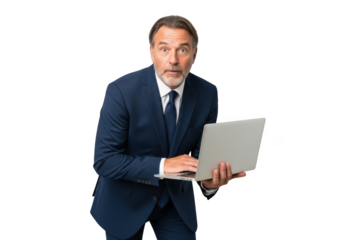 Surprised businessman in suit holding laptop looking at screen shocked reaction portrait isolated on transparent background
