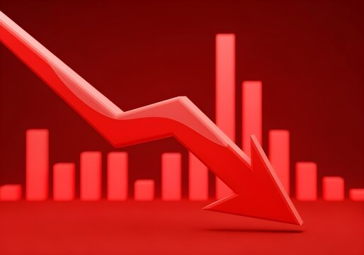 3d render of a red arrow pointing diagonally downwards symbolizing financial loss, fail,  negative trend or decline. The background consist of a blurred glowing red financial bar chart.
