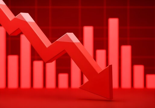 3d render of a red arrow pointing diagonally downwards symbolizing financial loss, fail,  negative trend or decline. The background consist of a blurred glowing red financial bar chart.