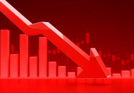 3d render of a red arrow pointing diagonally downwards symbolizing financial loss, fail,  negative trend or decline. The background consist of a blurred glowing red financial bar chart.