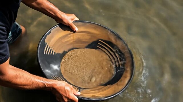 Traditional gold miner at river using simple tools to collect gold sand, artisanal gold mining process in nature.