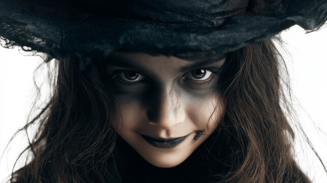 A mystical Halloween witch in a pointed hat standing on a glowing white background.
