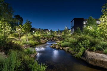 Obraz premium A peaceful nighttime scene featuring a gently flowing stream surrounded by lush greenery and tranquil rocks under a starry sky