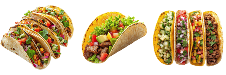 Set of delicious tacos with different fillings isolated on transparent background PNG