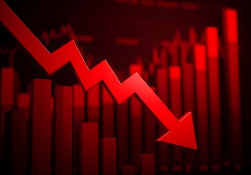 3d render of a red arrow pointing diagonally downwards symbolizing financial loss, fail,  negative trend or decline. The background consist of a blurred glowing red financial bar chart.