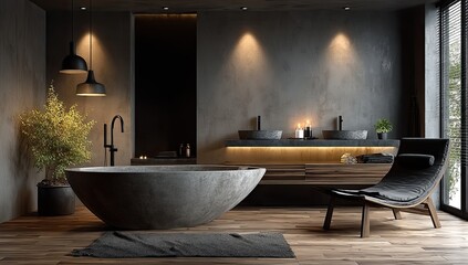 and keyword list based on the image, following your format

 Stone tub in serene, minimalist bathroom with wooden floors and dark accents