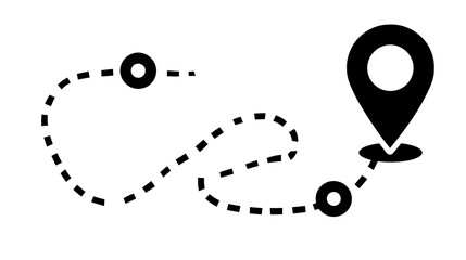 Filled black icon of a delivery route map with dashed path and location pin, transparent background