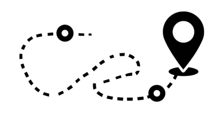 Filled black icon of a delivery route map with dashed path and location pin, transparent background
