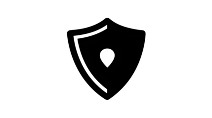 Filled black icon of a GPS tracking shield symbol, transparent background