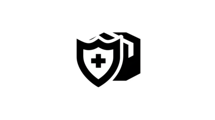 Filled black icon of a parcel with a shield, secure delivery symbol, transparent background