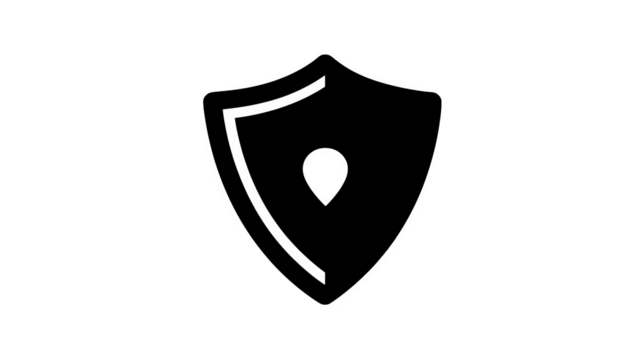 Filled black icon of a GPS tracking shield symbol, transparent background