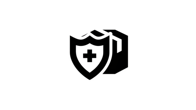 Filled black icon of a parcel with a shield, secure delivery symbol, transparent background
