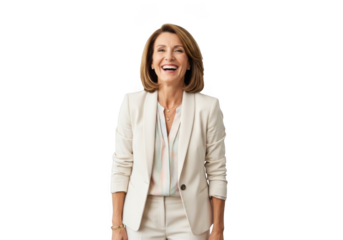 Smiling businesswoman in white suit, professional portrait, female executive, leadership image, isolated on transparent background