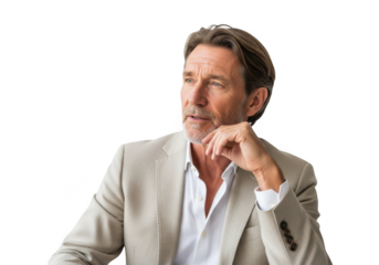 Mature businessman thinking portrait with suit jacket, hand on chin, looking away stock photo isolated on transparent background