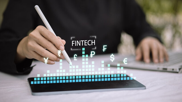 Fintech concept with digital currency symbols and data visualization