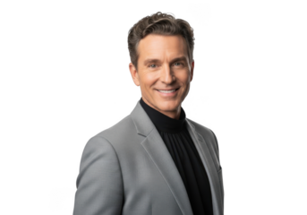 Smiling businessman in gray blazer and black turtleneck portrait, headshot, png image, transparent background, isolated on transparent background