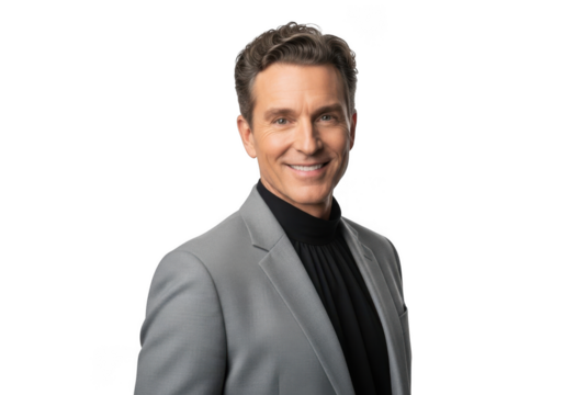 Smiling businessman in gray blazer and black turtleneck portrait, headshot, png image, transparent background, isolated on transparent background