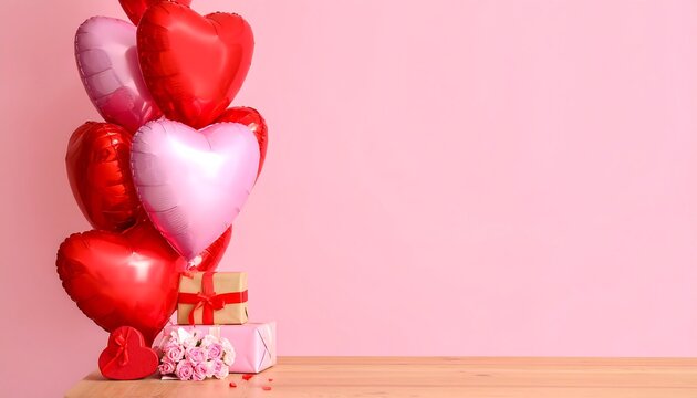Heart-shaped balloons and gifts on a pink background (1)