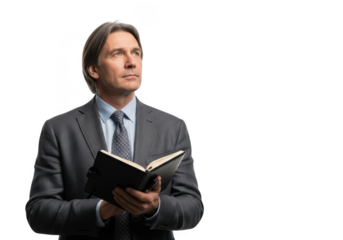 Thoughtful businessman in suit holding notebook planning strategy looking upward isolated on transparent background