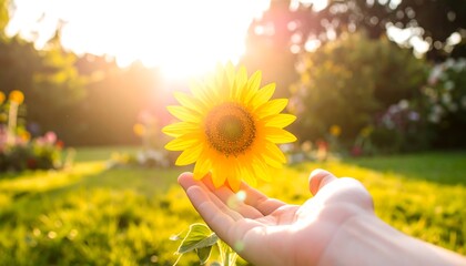 A hand reaching for a sunflower in a garden