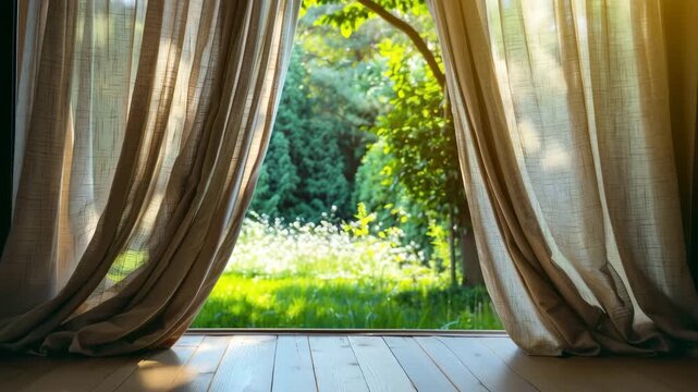 Golden Morning Sunlight Through Flowing Curtains and Open Window &ndash; Cinematic 8K HDR Video with Garden View for World Environment Day, Mindful Living, and Premium Lifestyle Stock Footage