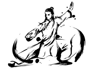 Sumi-e Ink Painting of a Tai Chi Pose – Flowing Energy and Balance