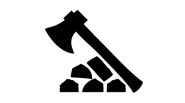 Filled black icon of axe and woodpile, transparent background