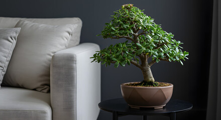 Elegant Bonsai Tree on Table in Modern Living Room, Home Decor
