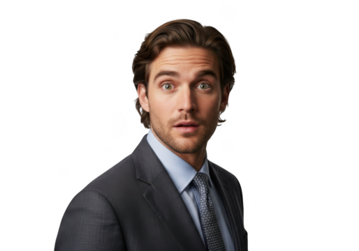 Surprised businessman portrait, shocked expression, reaction face, man in suit, professional headshot, png image, isolated on transparent background