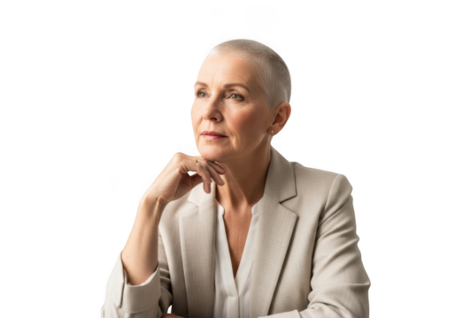 Mature woman bald head in blazer thinking portrait stock photo image png for design and graphics isolated on transparent background - Powered by Adobe